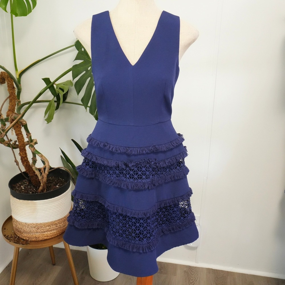 Adelyn Rae Fit & Flare Dress Womens Small Blue Tiered Crochet Fringe F7102977